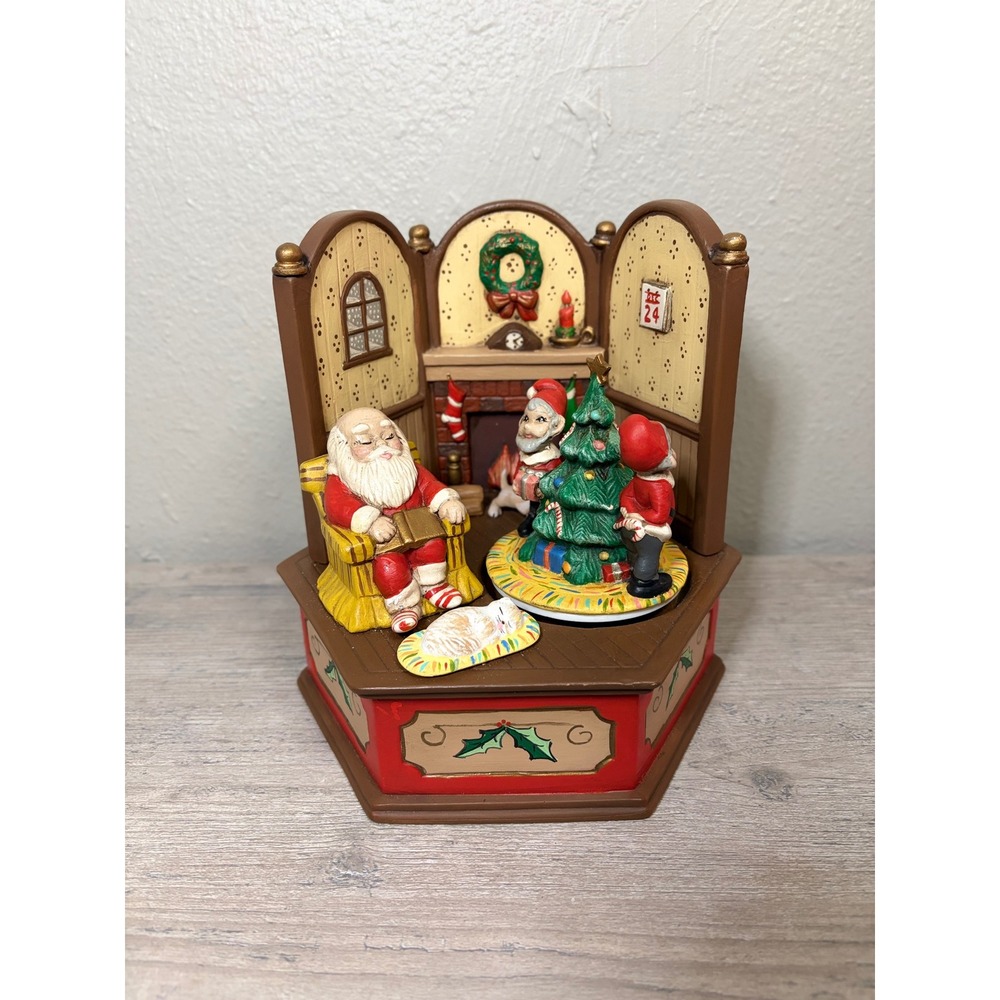 Vintage Sankyo Japan Christmas Musical Figurine Santa & Elves Ceramic Decor